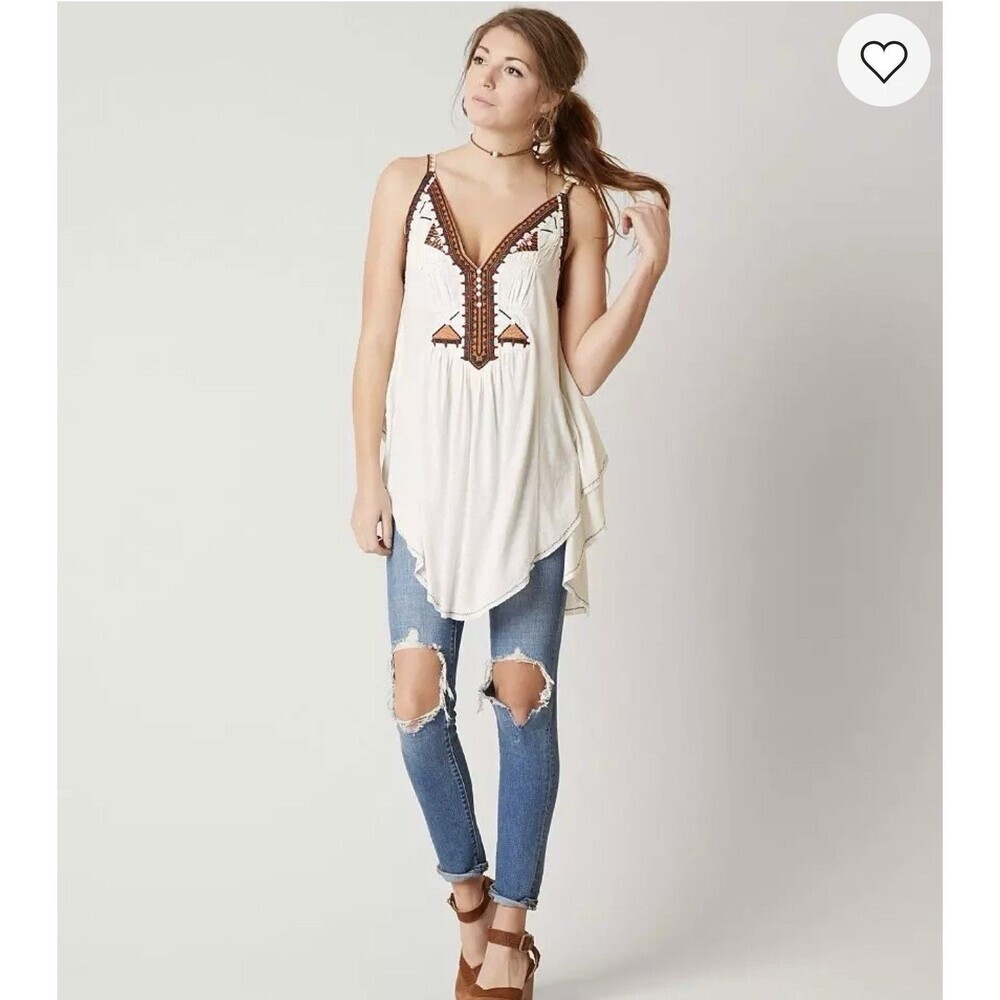 Free People Around The World Tunic Tank Top Ivory Embroidered Cottagecore M NWT